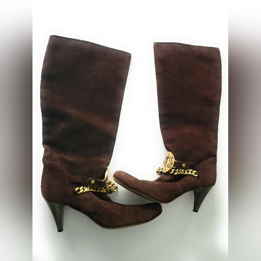 Roberto Cavalli Just Cavalli Brown Suede Heeled Boots with Gold Chain. Size 41
